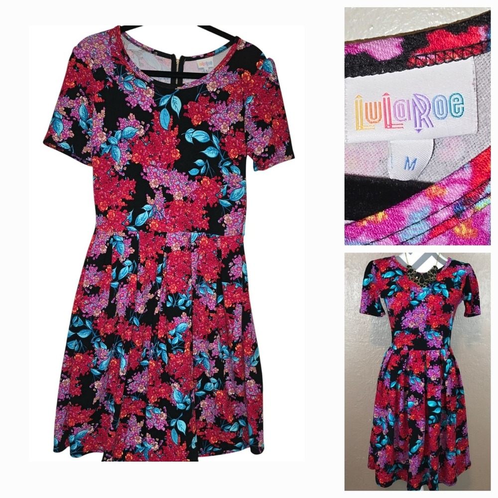 Lularoe AMELIA‎ Red Floral Hydrangea Half-Sleeve Stretchy Knit Dress Size Medium